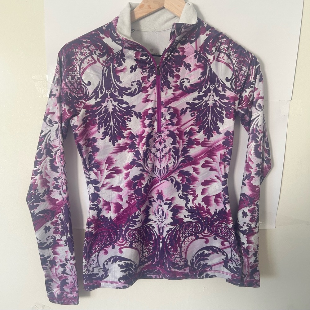 Athleta XS 1/4 Zip Pullover Top Pink Purple Damask Print Long Sleeve Stretch